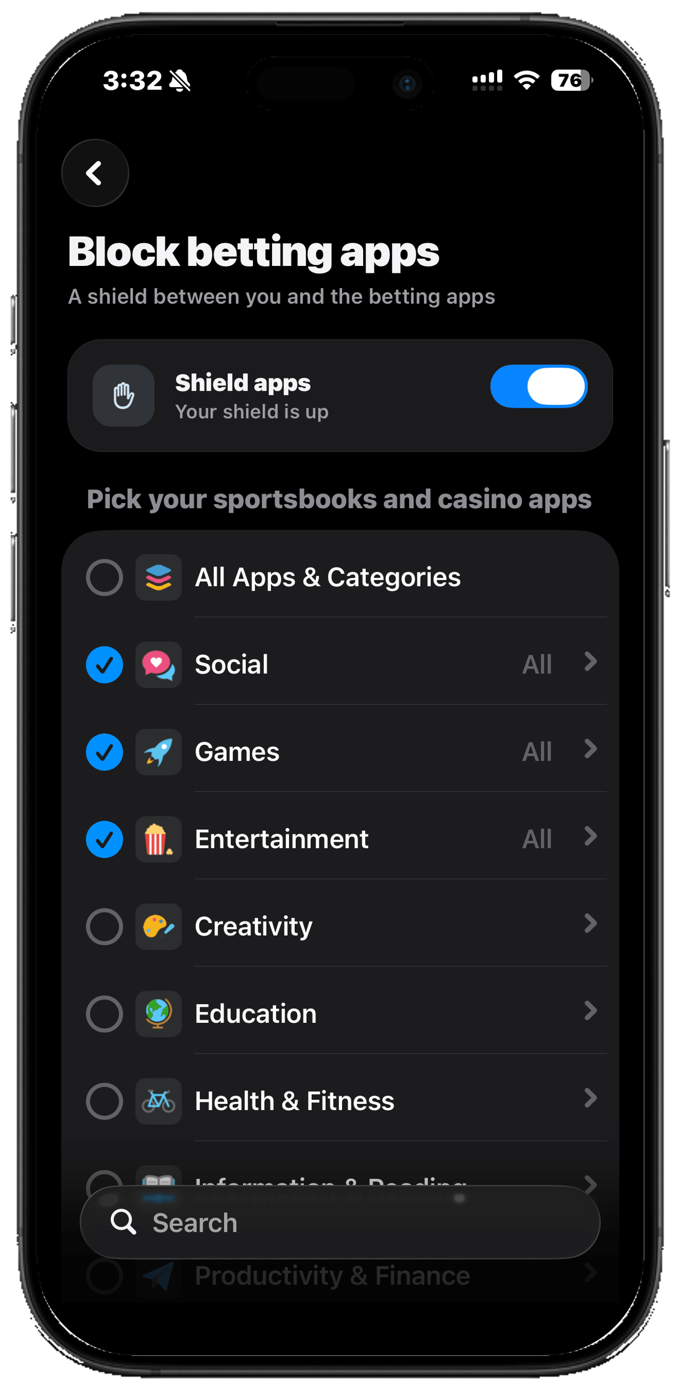 Choosing which betting apps to block on iPhone from inside Ungamble