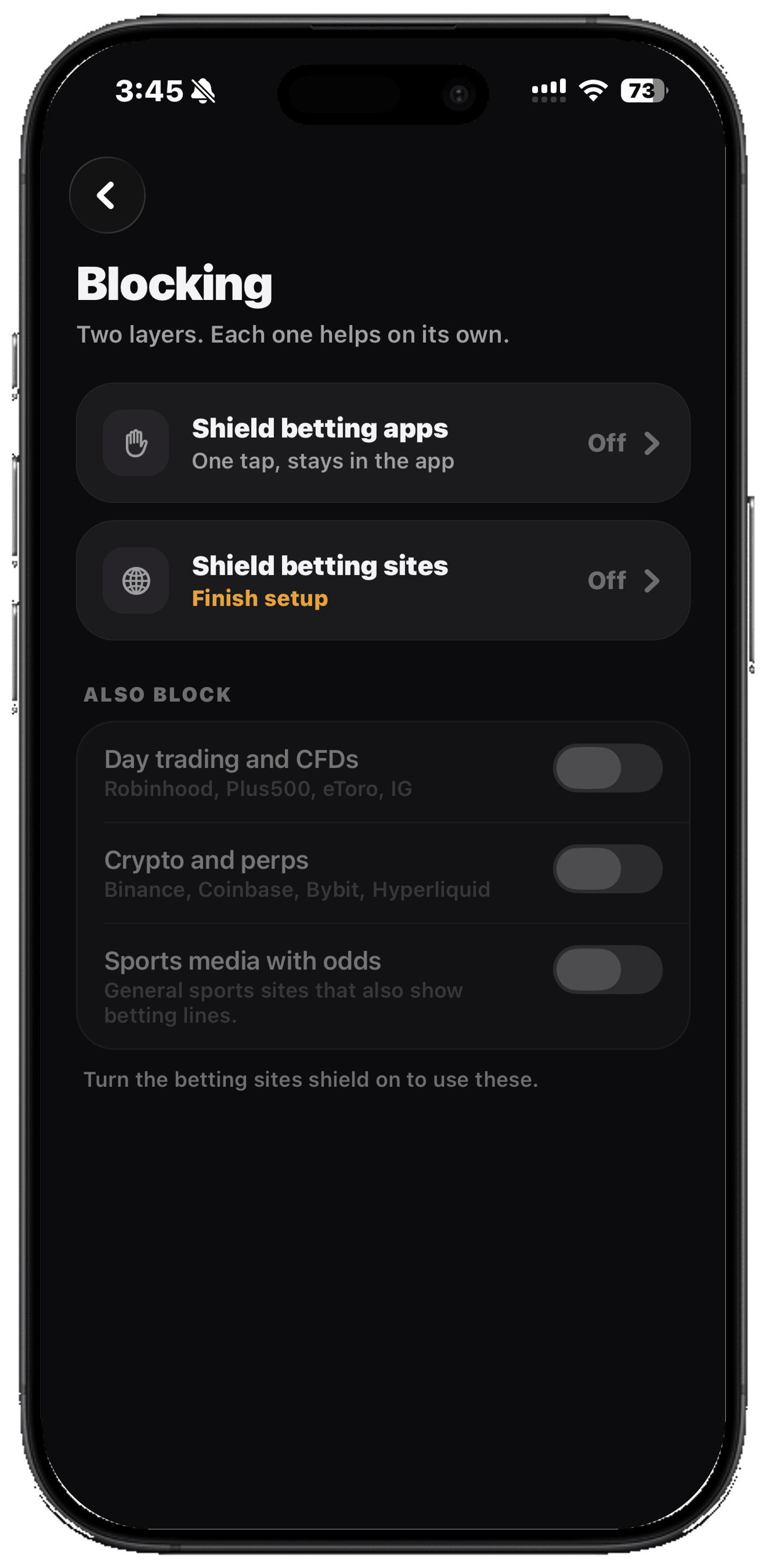 The Blocking screen in Ungamble on iPhone, with Shield betting apps and Shield betting sites