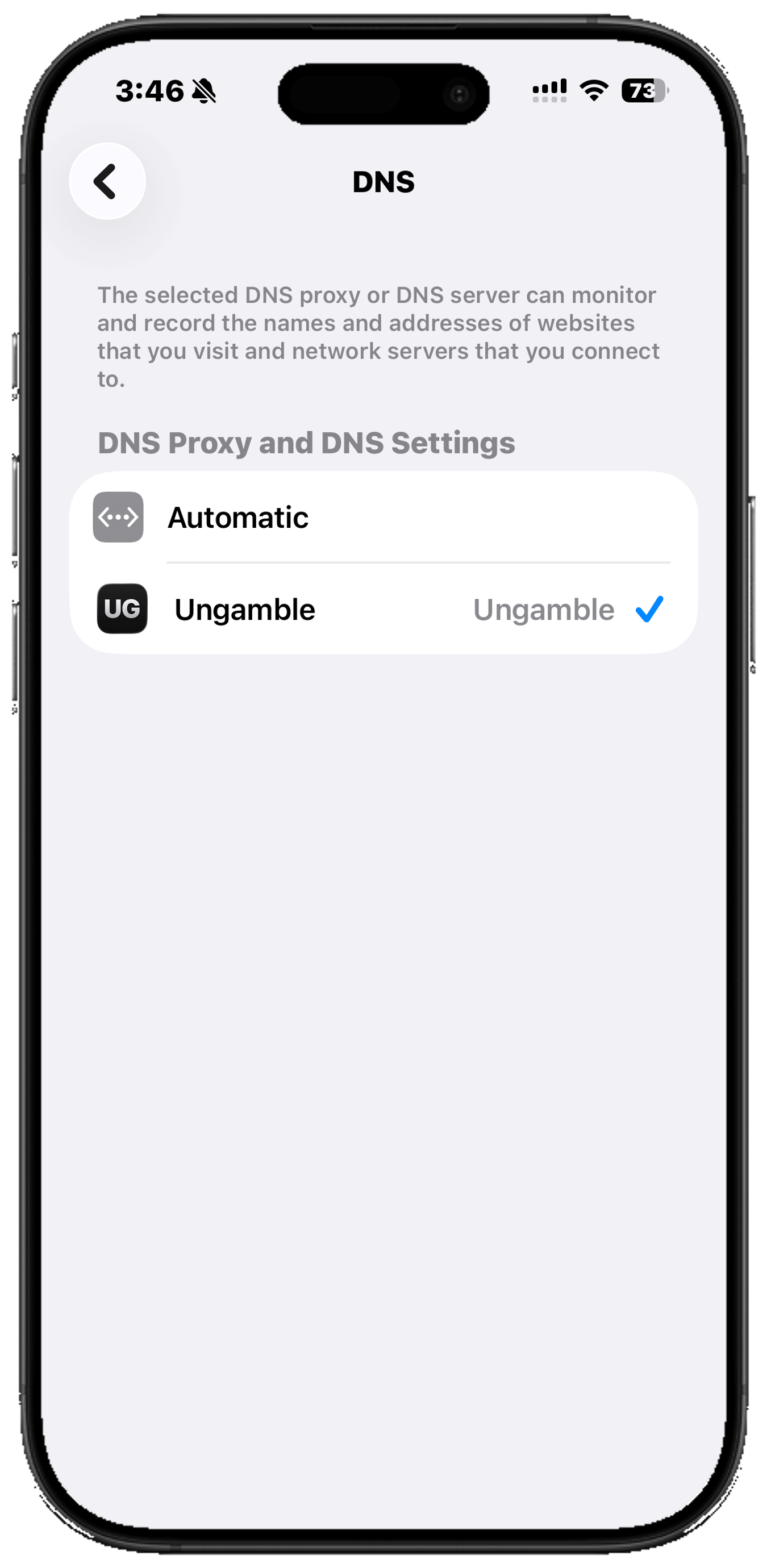 iPhone DNS settings with Automatic and Ungamble listed, and Ungamble selected to block gambling sites