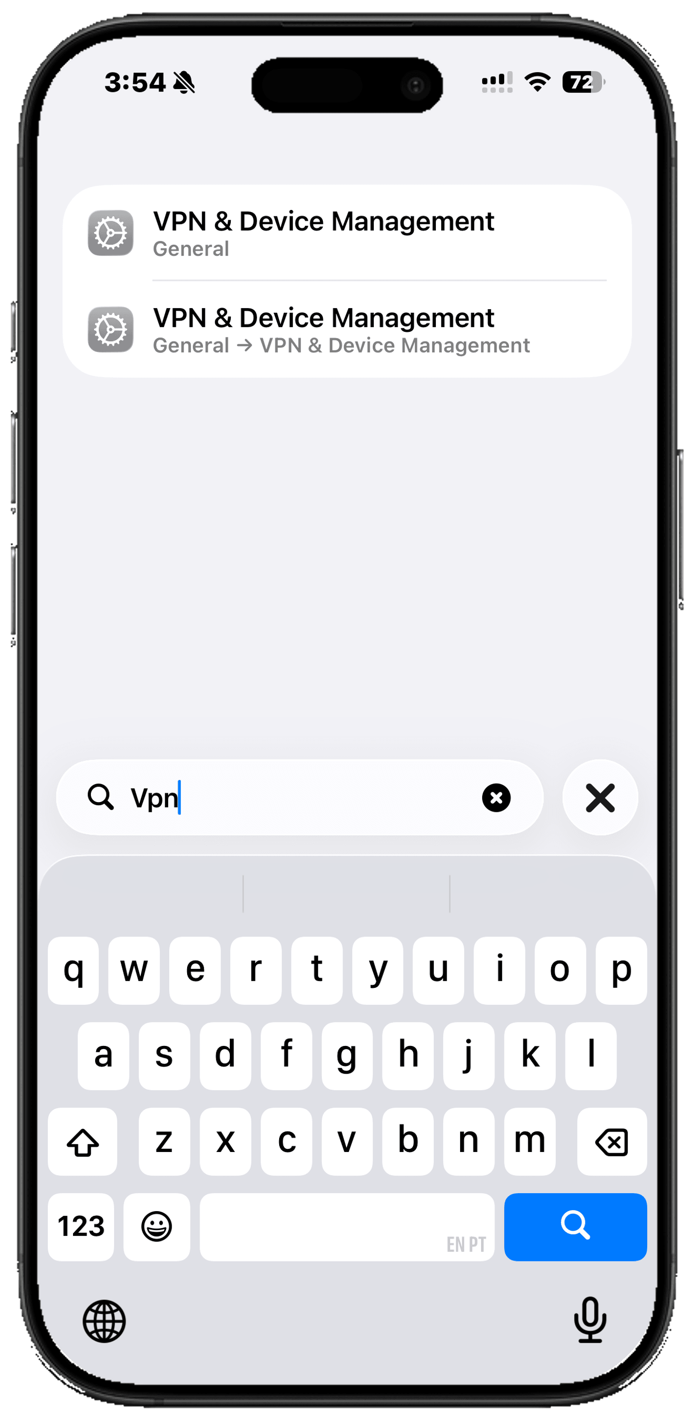 Searching VPN in iPhone Settings, showing the two VPN & Device Management results