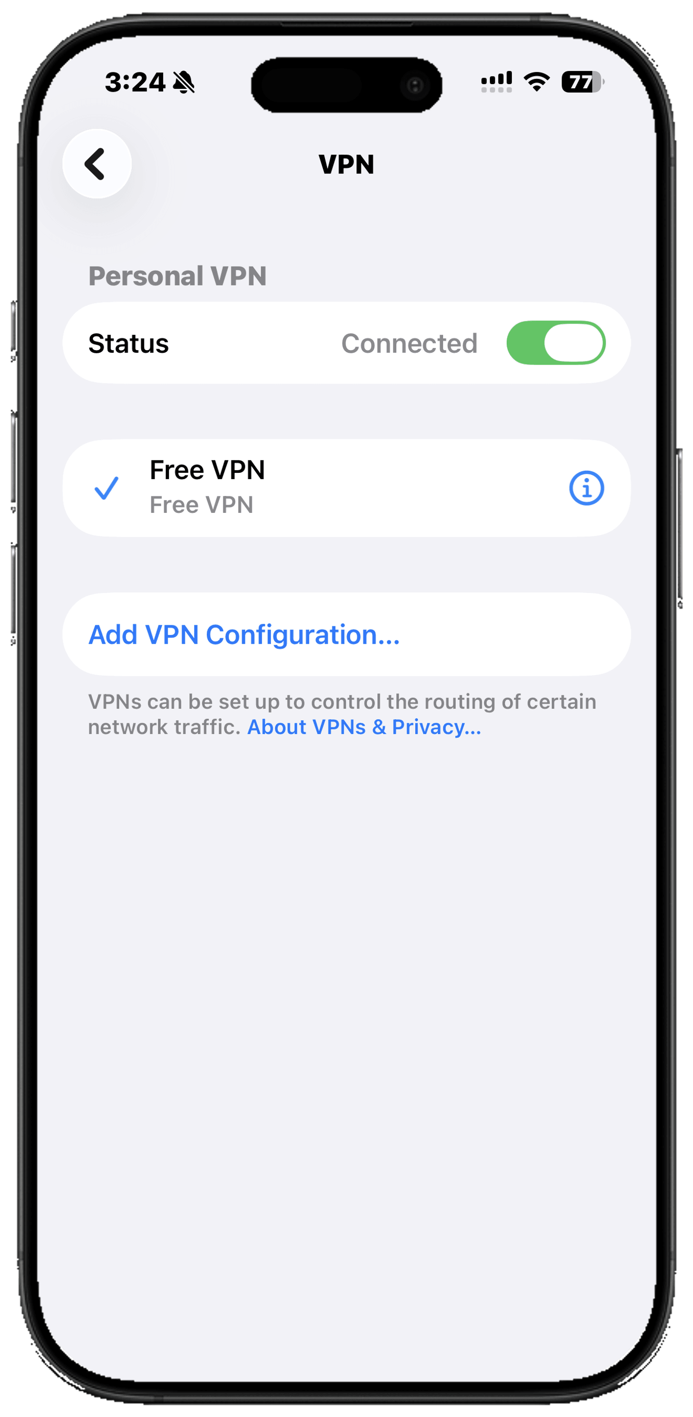 iPhone VPN settings showing Status Connected, which overrides the gambling blocker