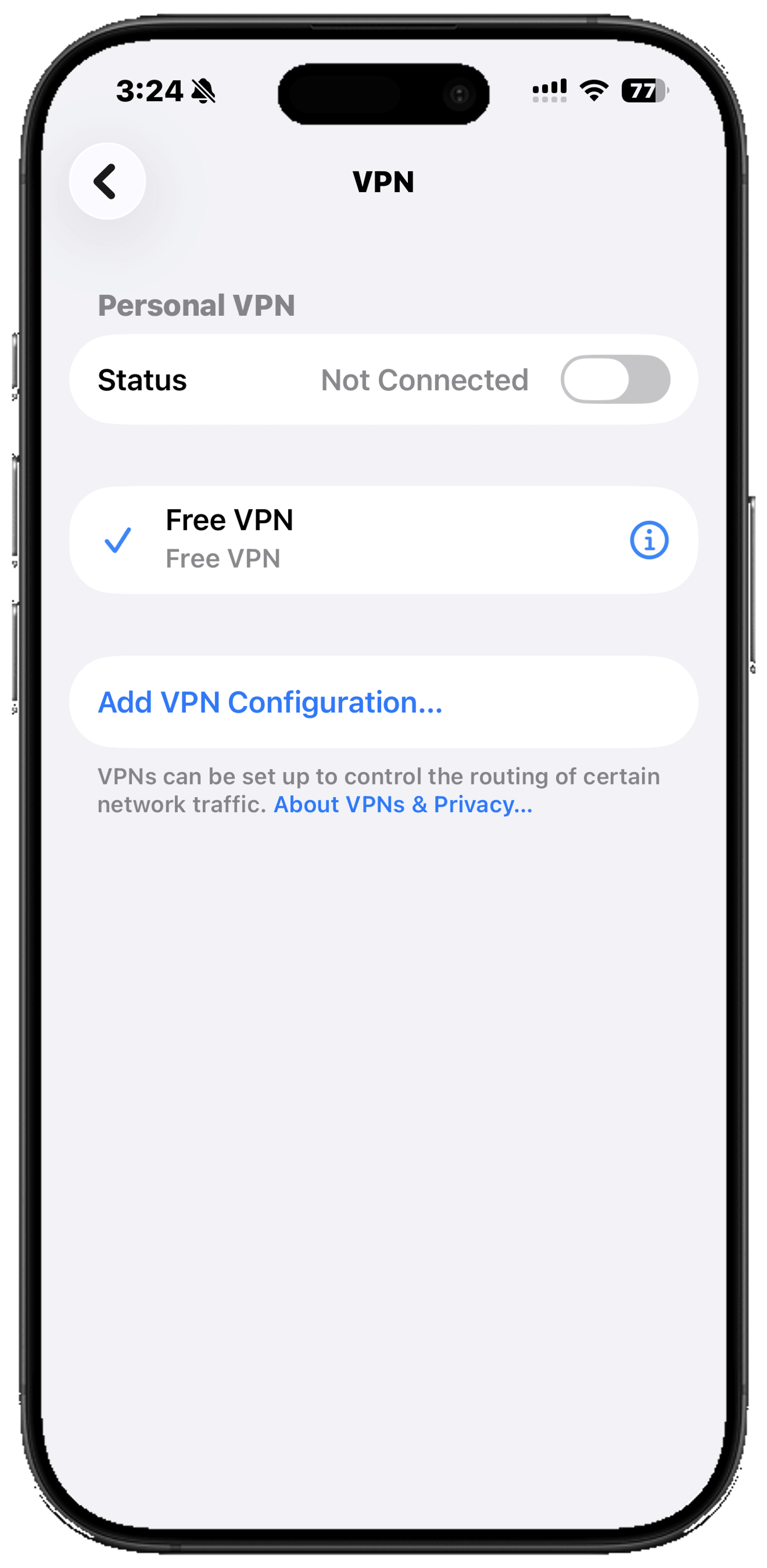 iPhone VPN settings showing Status Not Connected, so the gambling blocker works