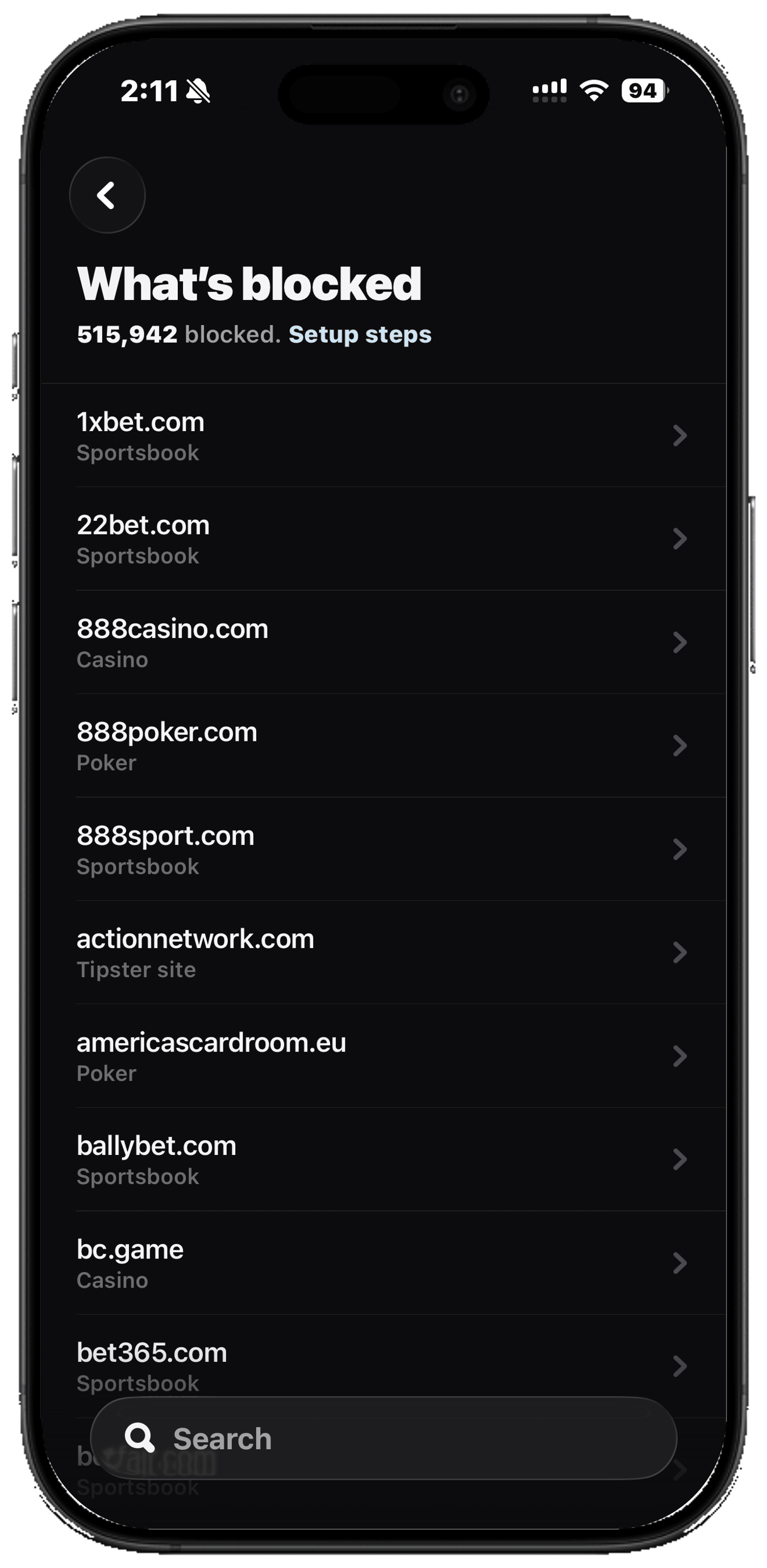 The searchable list of blocked gambling sites inside Ungamble on iPhone