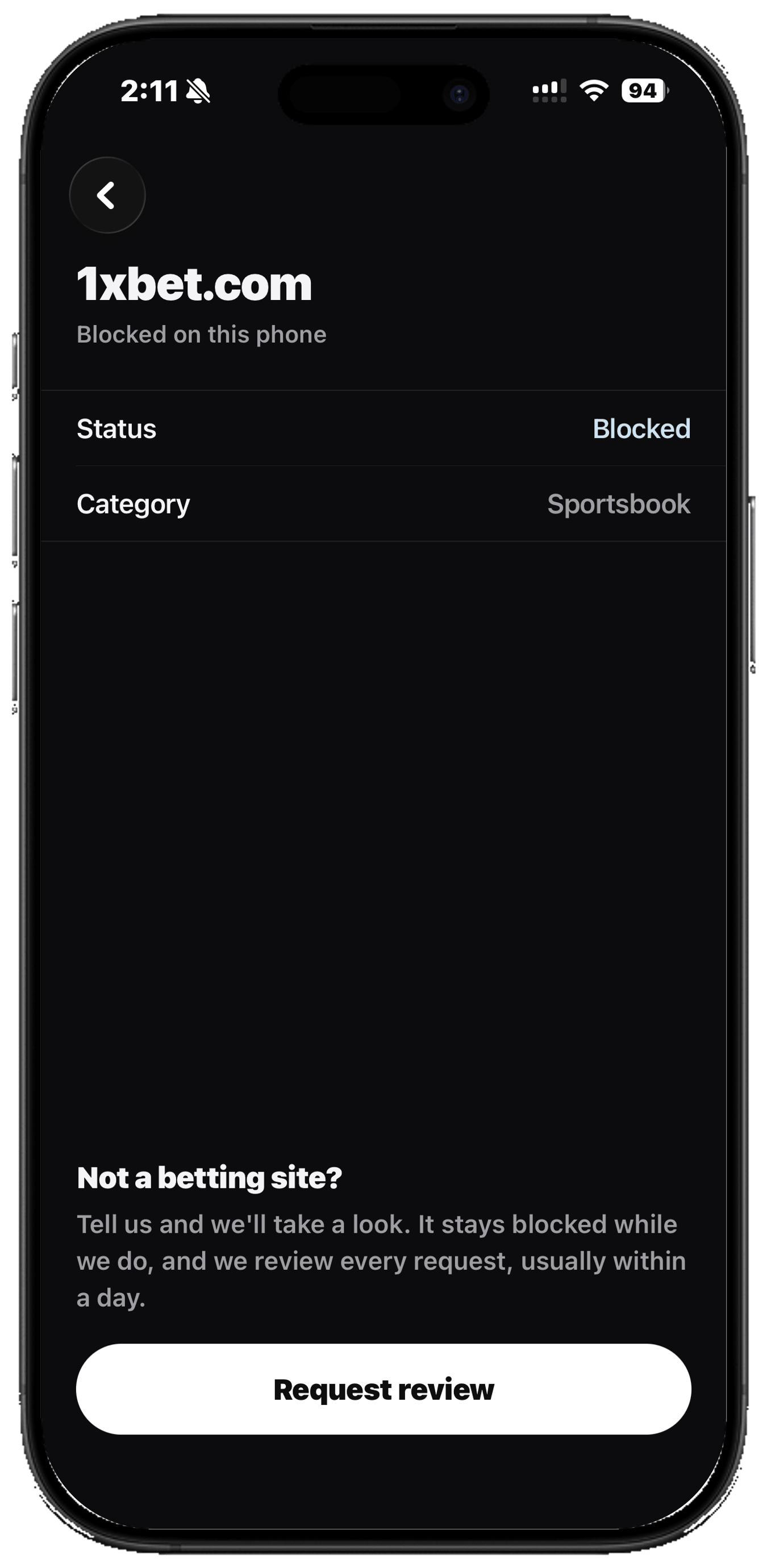 A blocked gambling domain in Ungamble with the Request review button