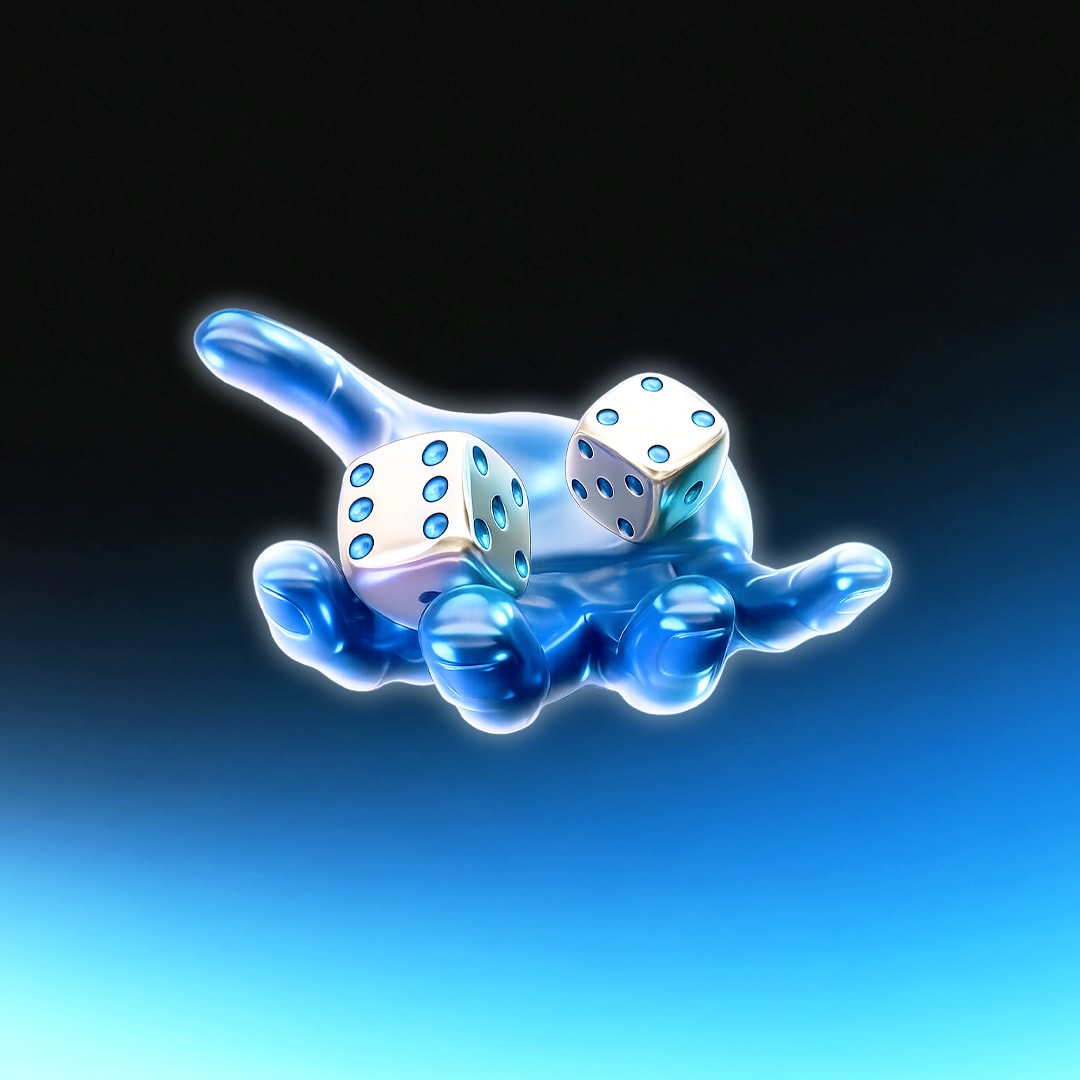 A chrome blue hand offering two dice, glowing against a dark background