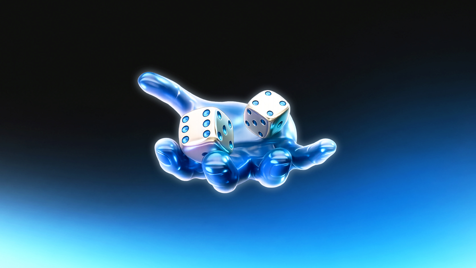 A chrome blue hand offering two dice, glowing against a dark background