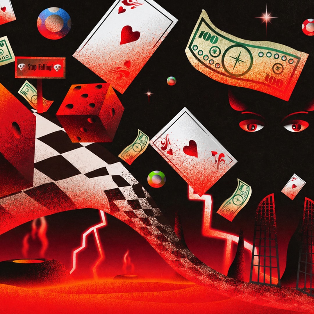 Red dice, playing cards and banknotes tumbling over a warped checkerboard into a burning red landscape, with a pair of eyes watching from the dark