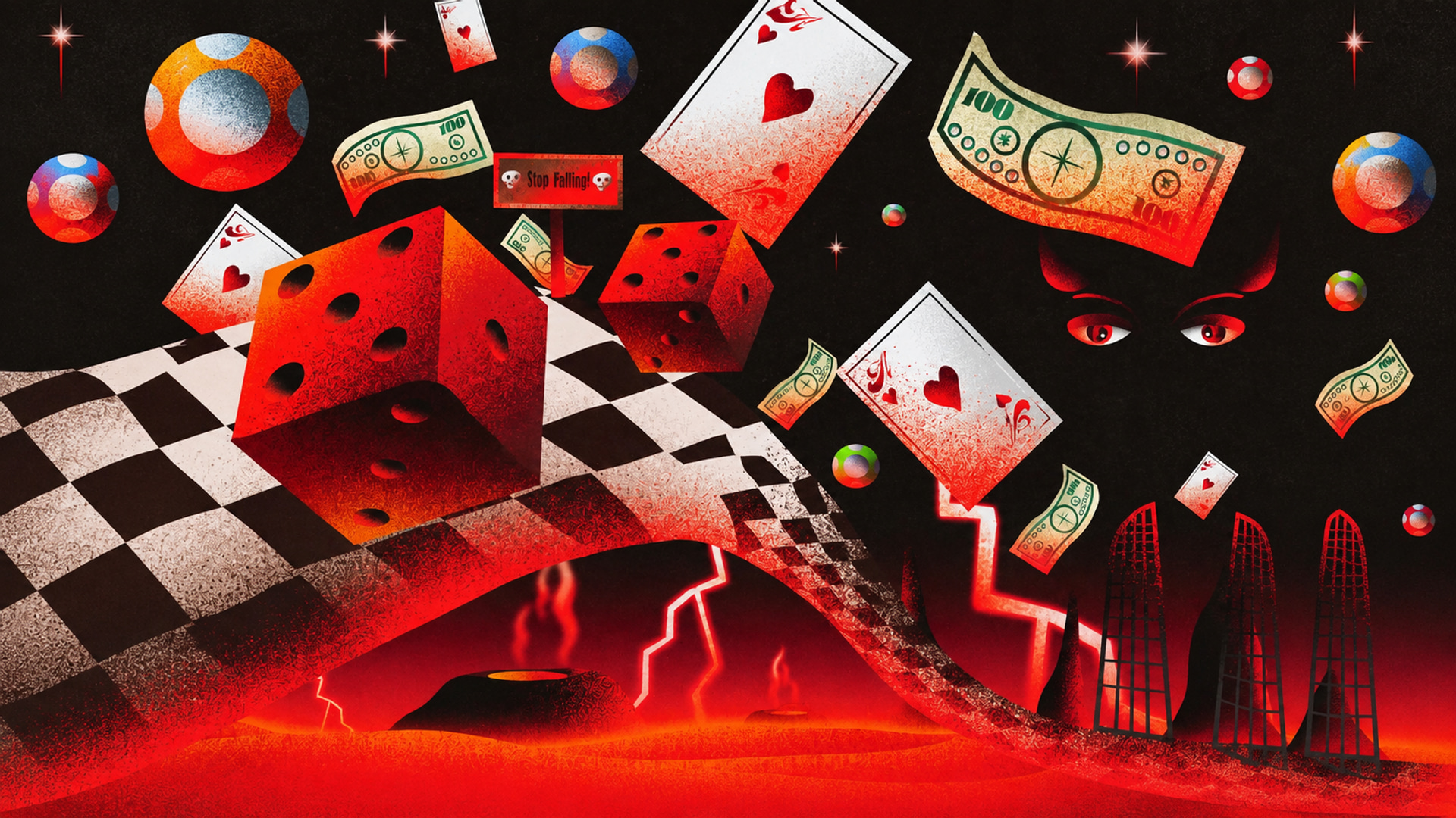 Red dice, playing cards and banknotes tumbling over a warped checkerboard into a burning red landscape, with a pair of eyes watching from the dark