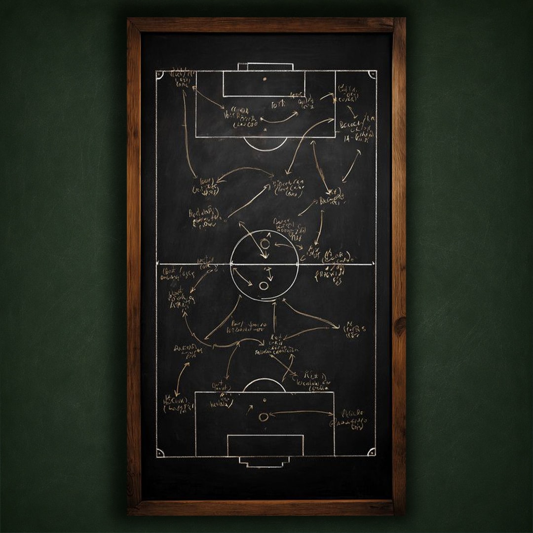 A chalkboard covered in a tangle of sports plays and arrows, drawn like a master plan