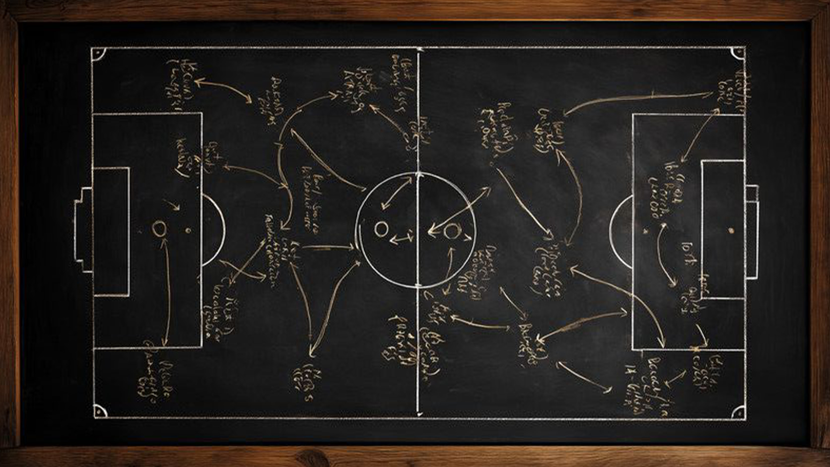 A chalkboard covered in a tangle of sports plays and arrows, drawn like a master plan
