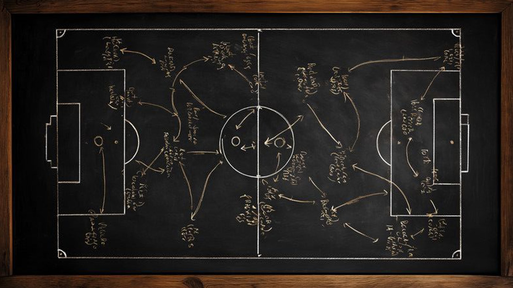 A chalkboard covered in a tangle of sports plays and arrows, drawn like a master plan