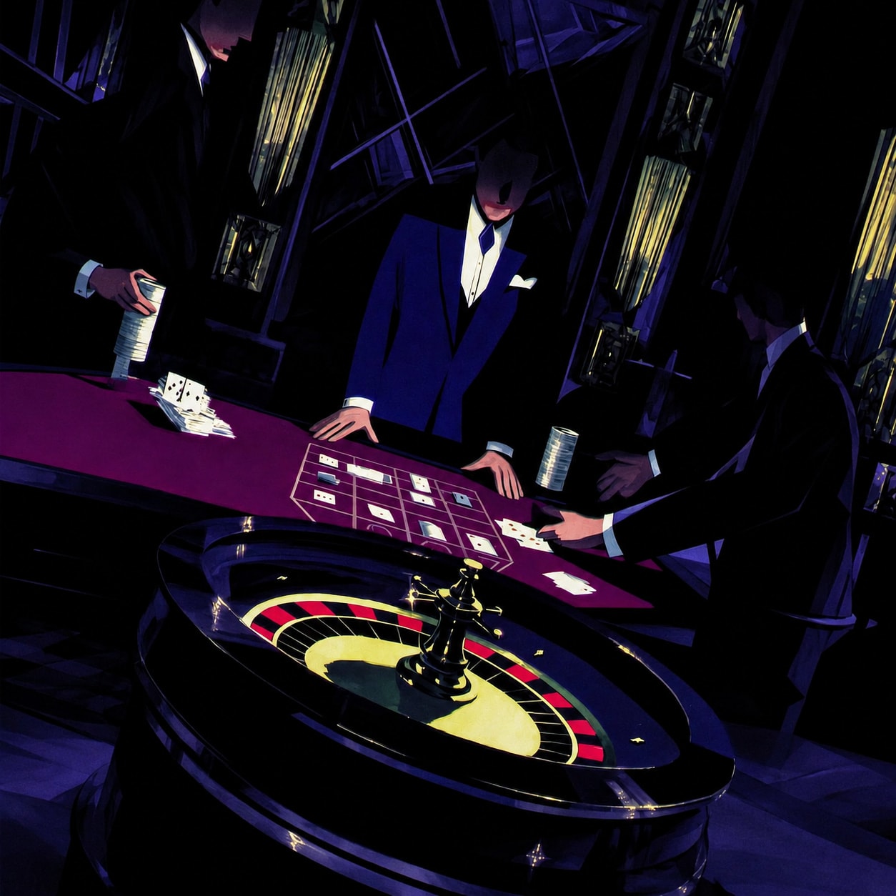 A stylised art deco illustration of a dark casino room, with faceless figures in tuxedos standing over a roulette wheel and a deep red betting table