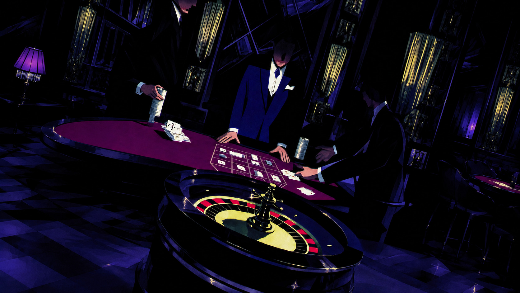 A stylised art deco illustration of a dark casino room, with faceless figures in tuxedos standing over a roulette wheel and a deep red betting table