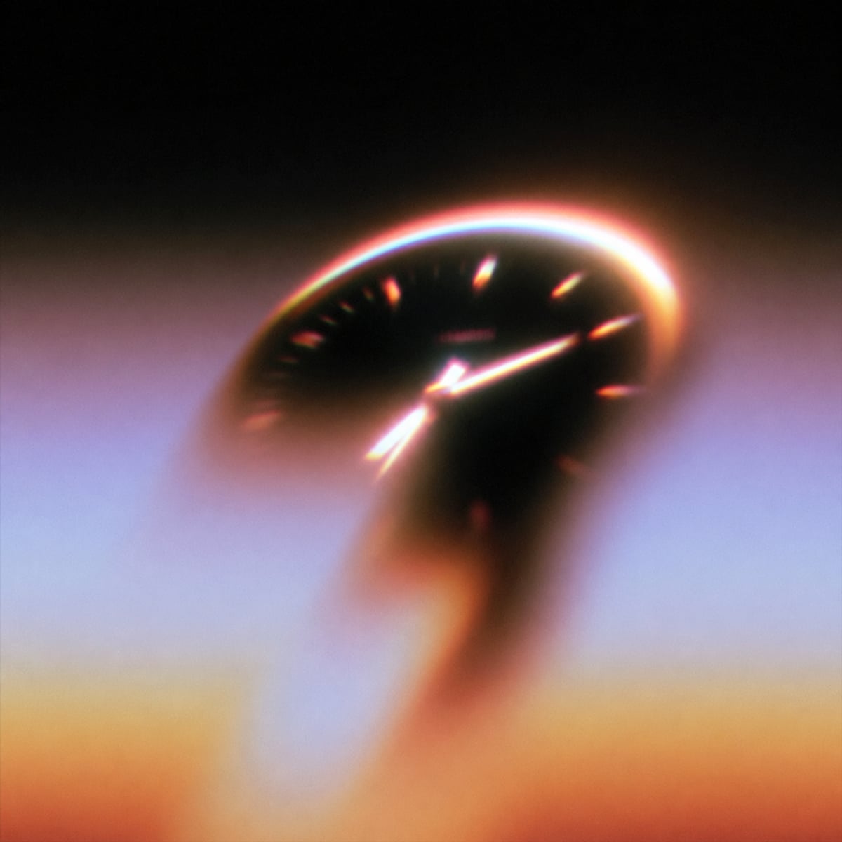 A clock face rising like a sun through the colors of dawn